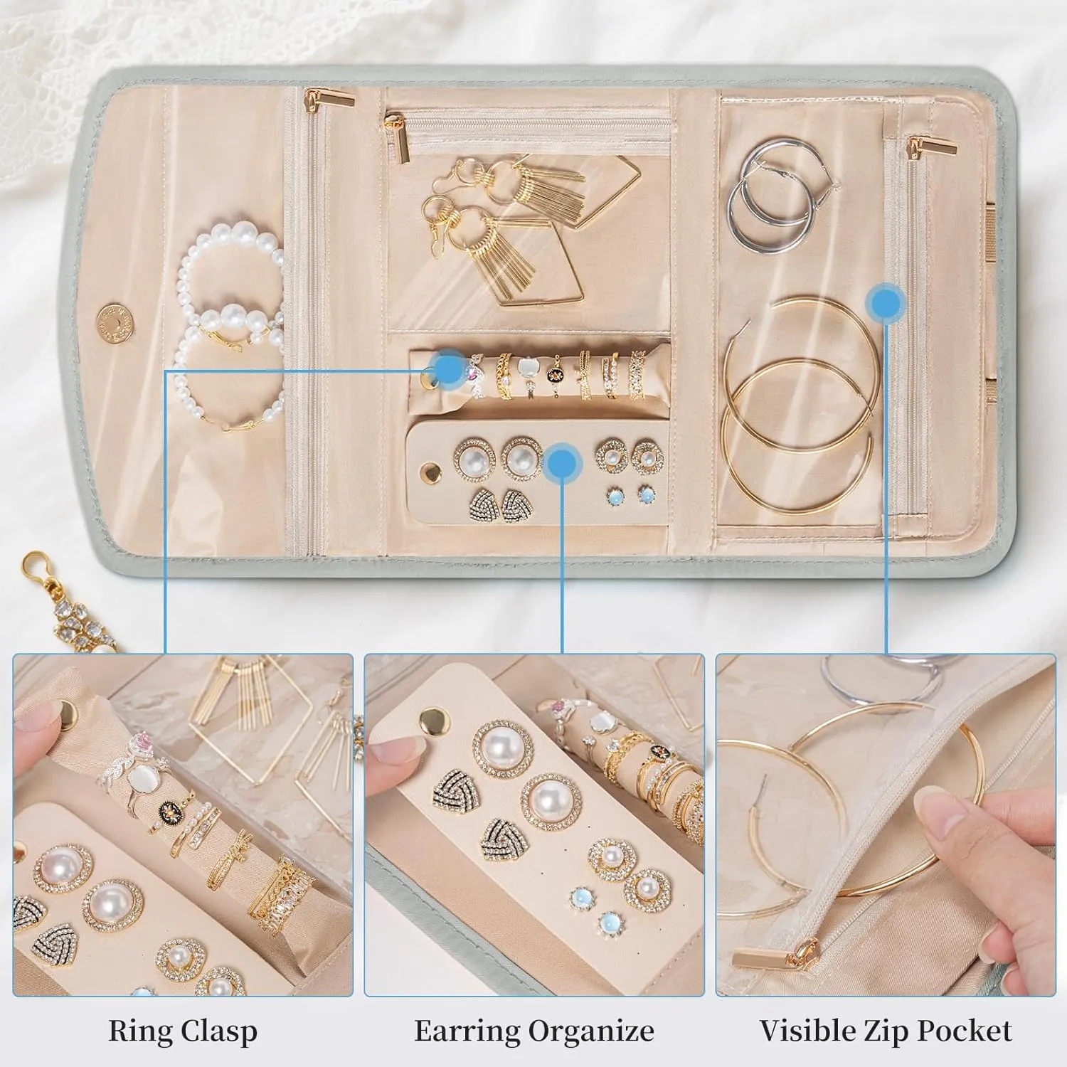 Travel Jewelry Holder Organizer Case, Foldable Jewelry Roll Storage Bag for Necklaces Rings Earrings Bracelets, Large, Grey