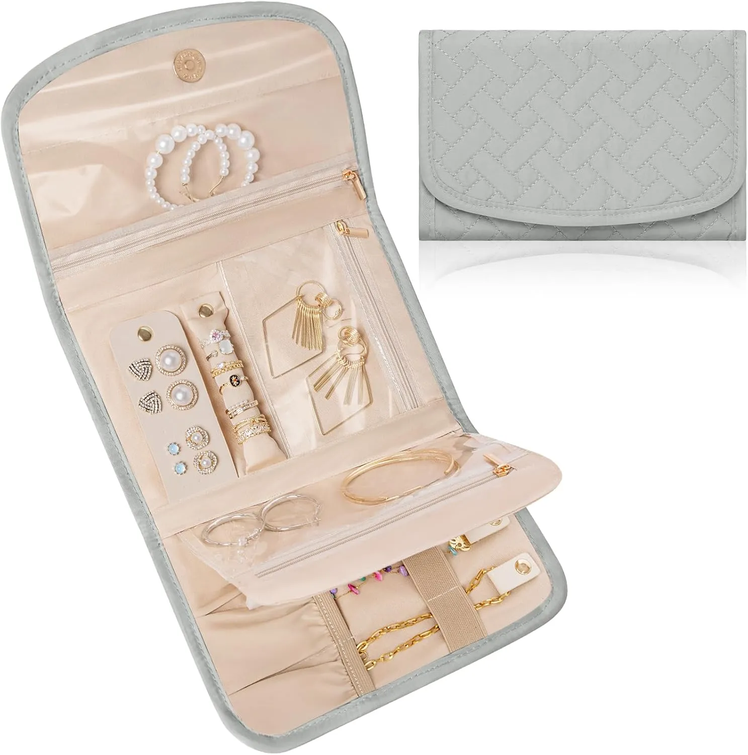 Travel Jewelry Holder Organizer Case, Foldable Jewelry Roll Storage Bag for Necklaces Rings Earrings Bracelets, Large, Grey