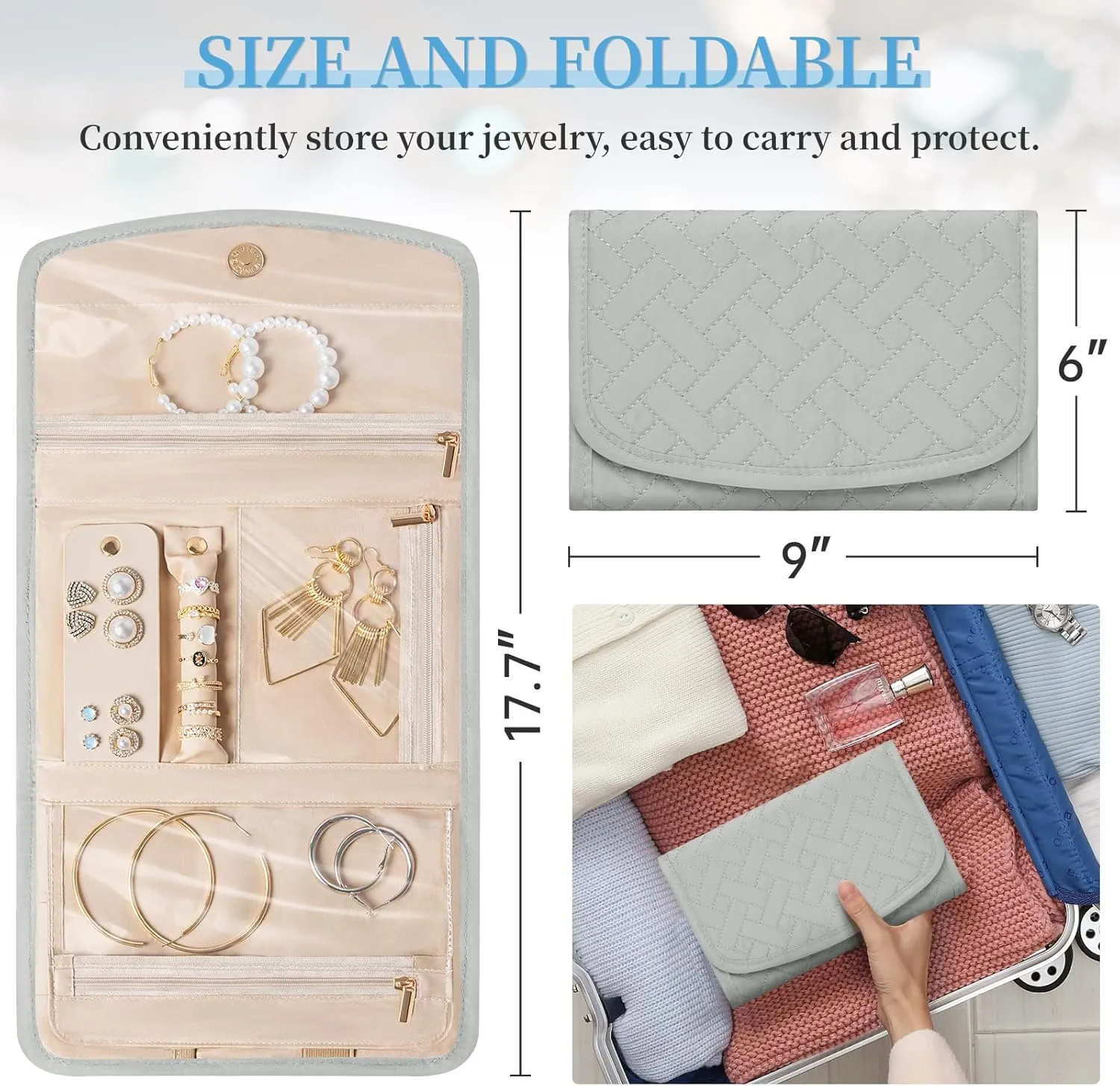 Travel Jewelry Holder Organizer Case, Foldable Jewelry Roll Storage Bag for Necklaces Rings Earrings Bracelets, Large, Grey