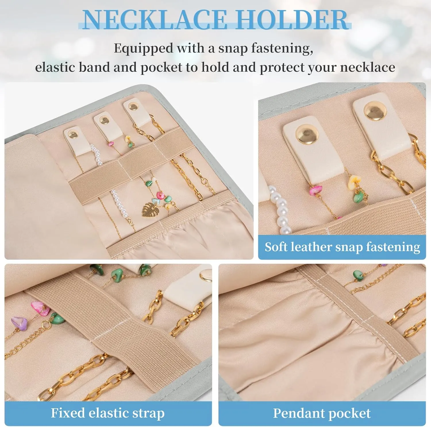 Travel Jewelry Holder Organizer Case, Foldable Jewelry Roll Storage Bag for Necklaces Rings Earrings Bracelets, Large, Grey