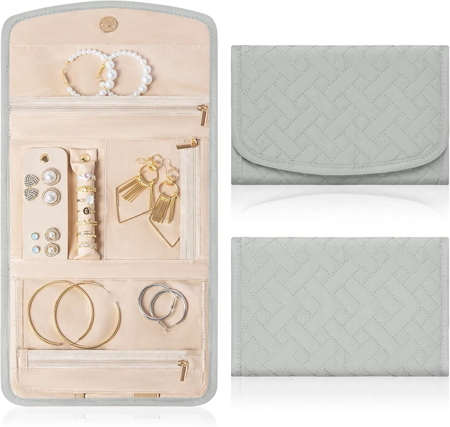 Travel Jewelry Holder Organizer Case, Foldable Jewelry Roll Storage Bag for Necklaces Rings Earrings Bracelets, Large, Grey
