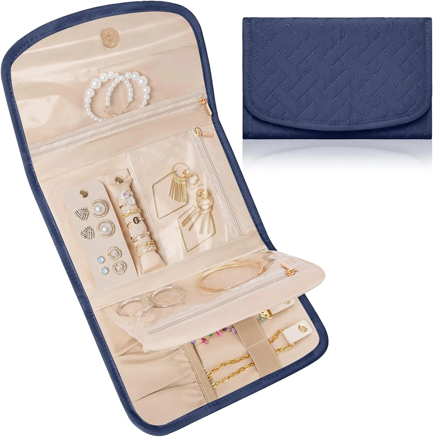 Travel Jewelry Holder Organizer Case, Foldable Jewelry Roll Storage Bag for Necklaces Rings Earrings Bracelets, Large, Navy blue