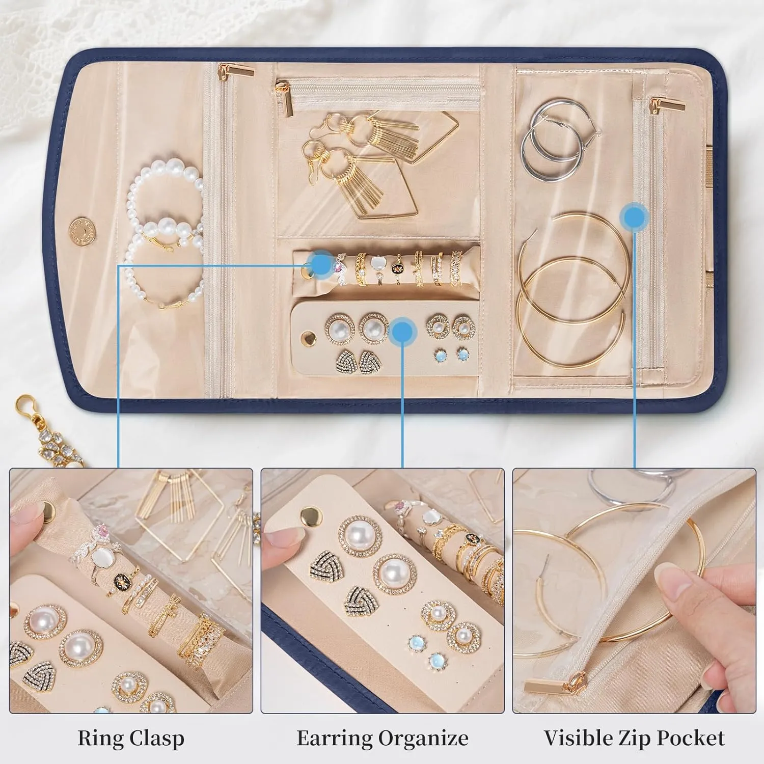 Travel Jewelry Holder Organizer Case, Foldable Jewelry Roll Storage Bag for Necklaces Rings Earrings Bracelets, Large, Navy blue