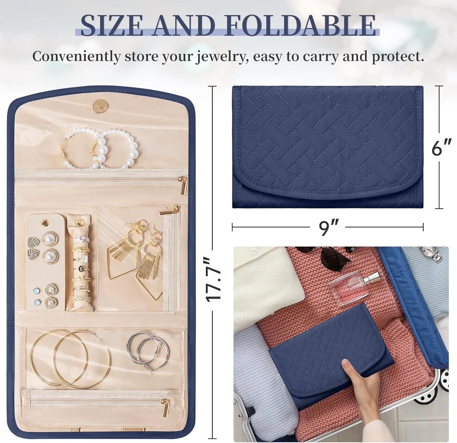 Travel Jewelry Holder Organizer Case, Foldable Jewelry Roll Storage Bag for Necklaces Rings Earrings Bracelets, Large, Navy blue