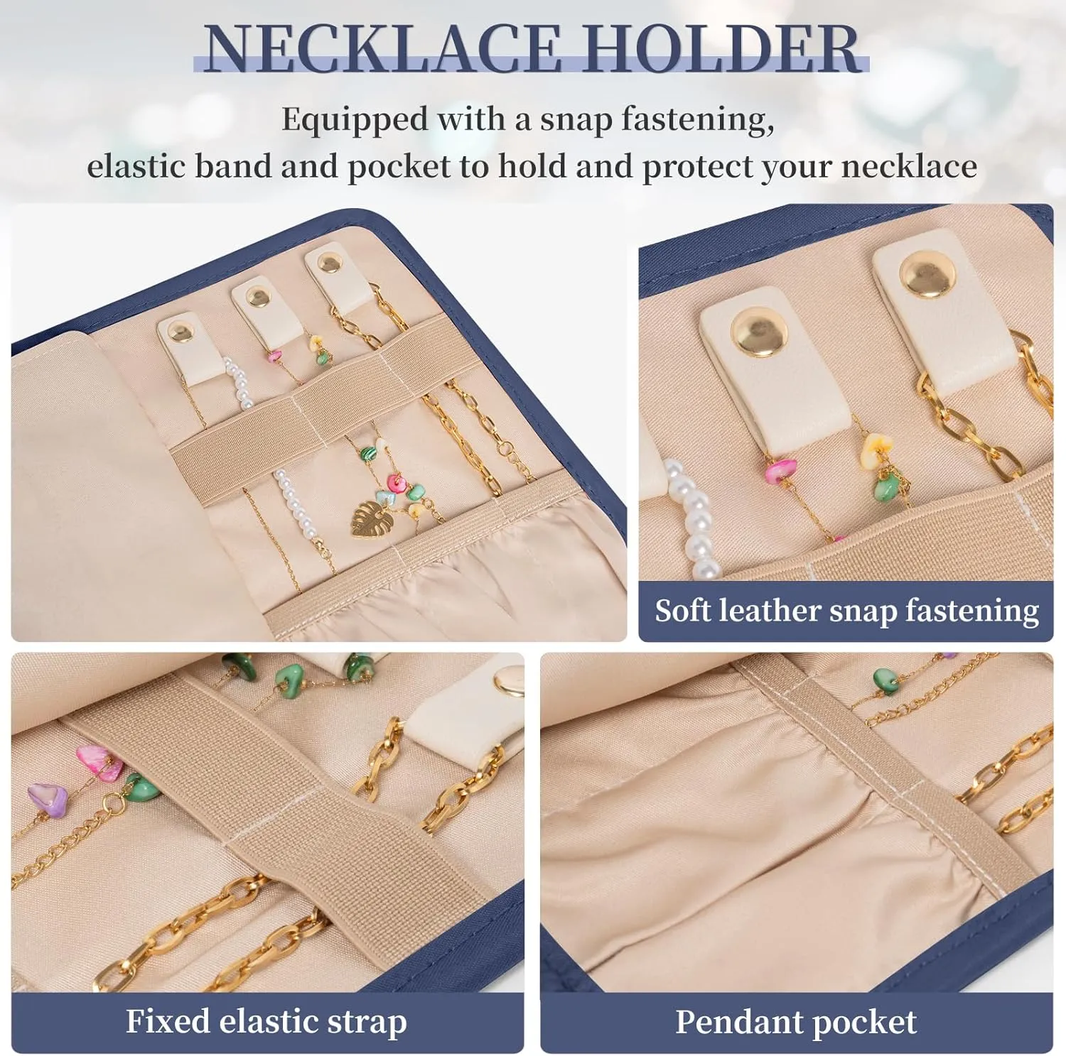 Travel Jewelry Holder Organizer Case, Foldable Jewelry Roll Storage Bag for Necklaces Rings Earrings Bracelets, Large, Navy blue