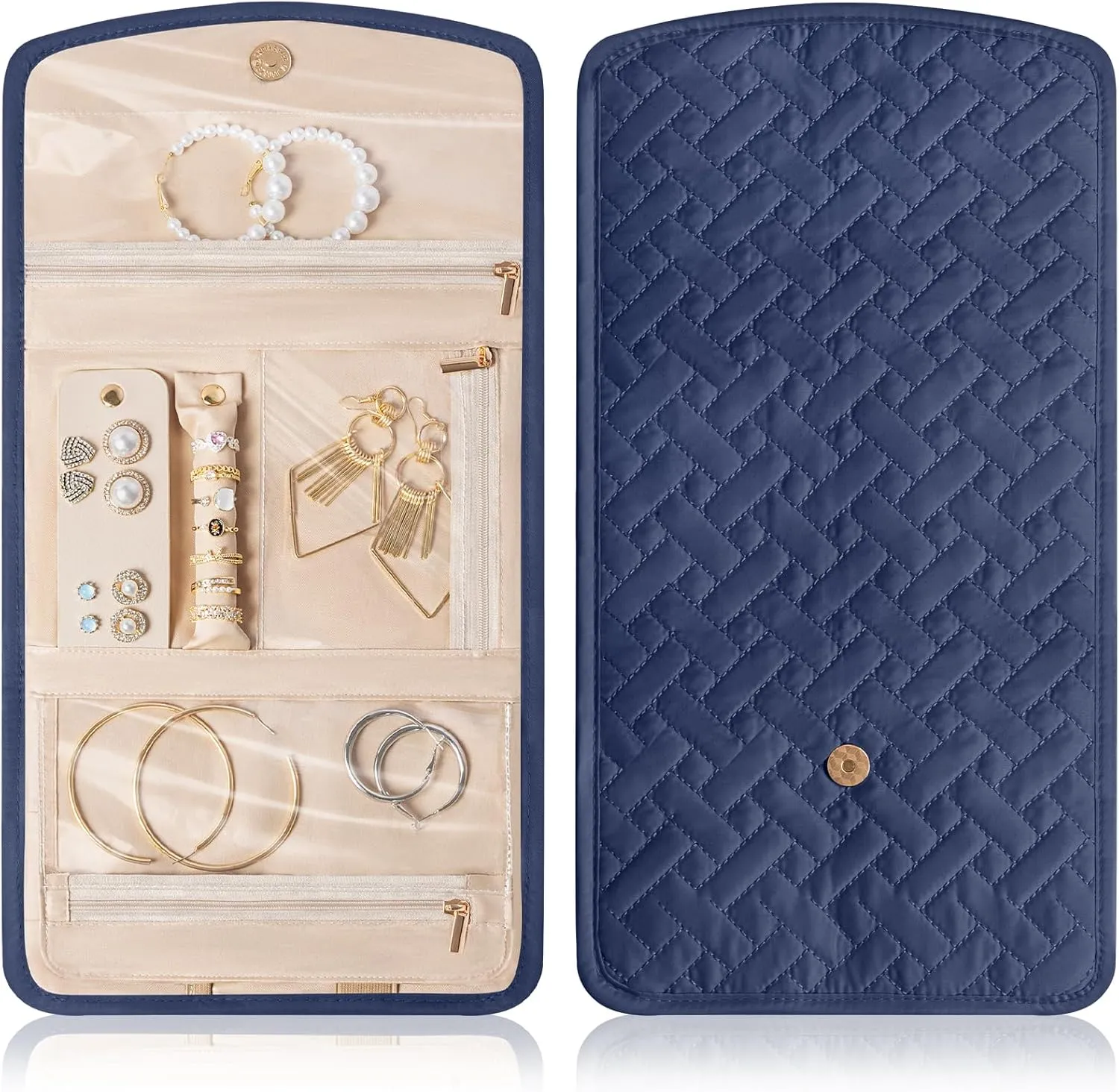 Travel Jewelry Holder Organizer Case, Foldable Jewelry Roll Storage Bag for Necklaces Rings Earrings Bracelets, Large, Navy blue