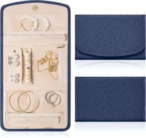 Travel Jewelry Holder Organizer Case, Foldable Jewelry Roll Storage Bag for Necklaces Rings Earrings Bracelets, Large, Navy blue
