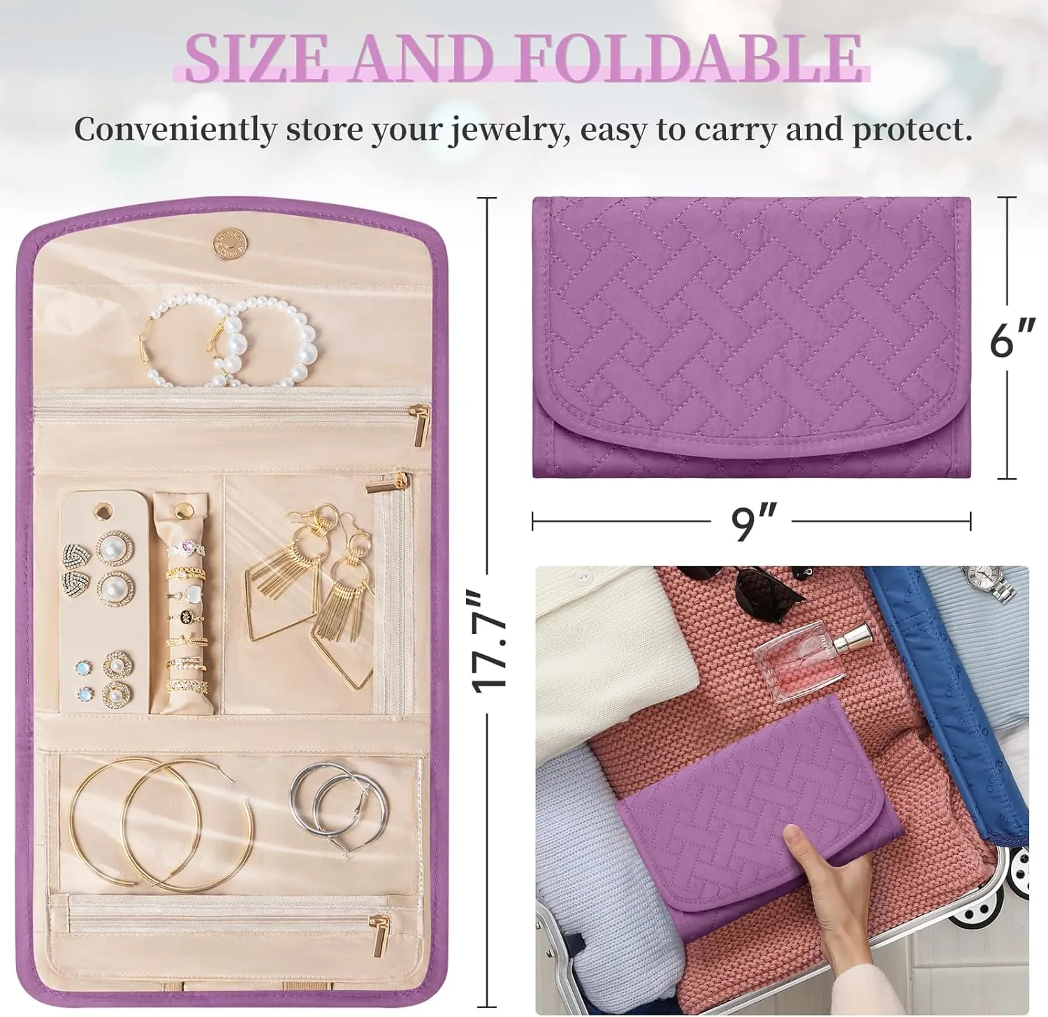 Travel Jewelry Holder Organizer Case, Foldable Jewelry Storage Bag for Necklaces Rings Earrings Bracelets, Large, Purple