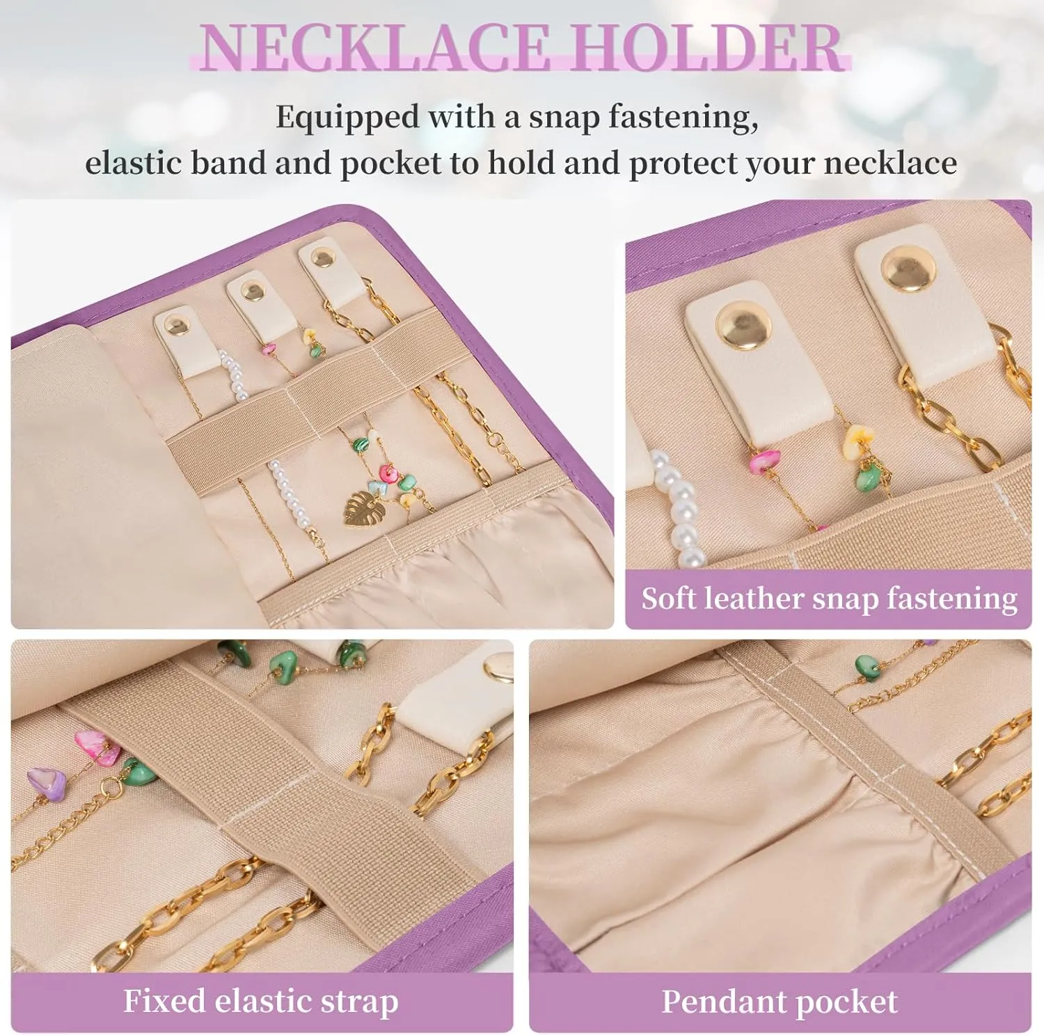 Travel Jewelry Holder Organizer Case, Foldable Jewelry Storage Bag for Necklaces Rings Earrings Bracelets, Large, Purple
