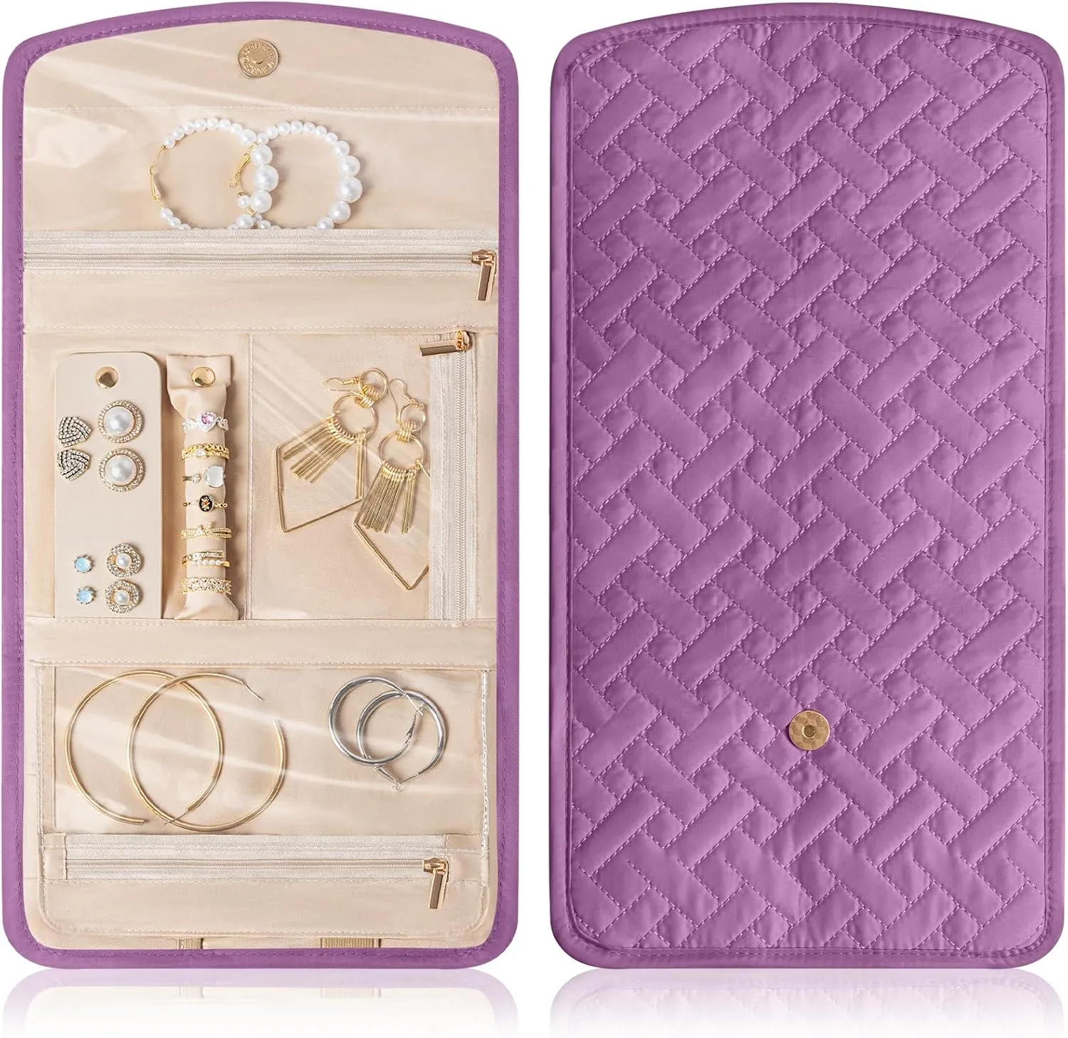 Travel Jewelry Holder Organizer Case, Foldable Jewelry Storage Bag for Necklaces Rings Earrings Bracelets, Large, Purple