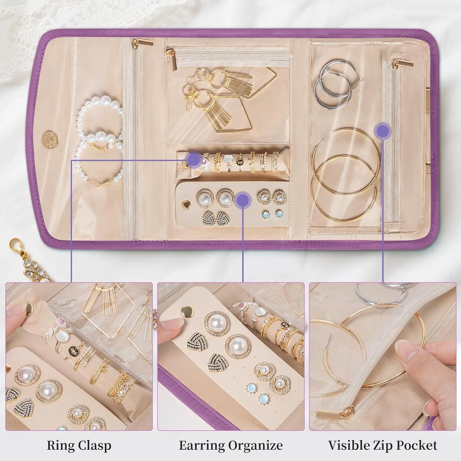 Travel Jewelry Holder Organizer Case, Foldable Jewelry Storage Bag for Necklaces Rings Earrings Bracelets, Large, Purple