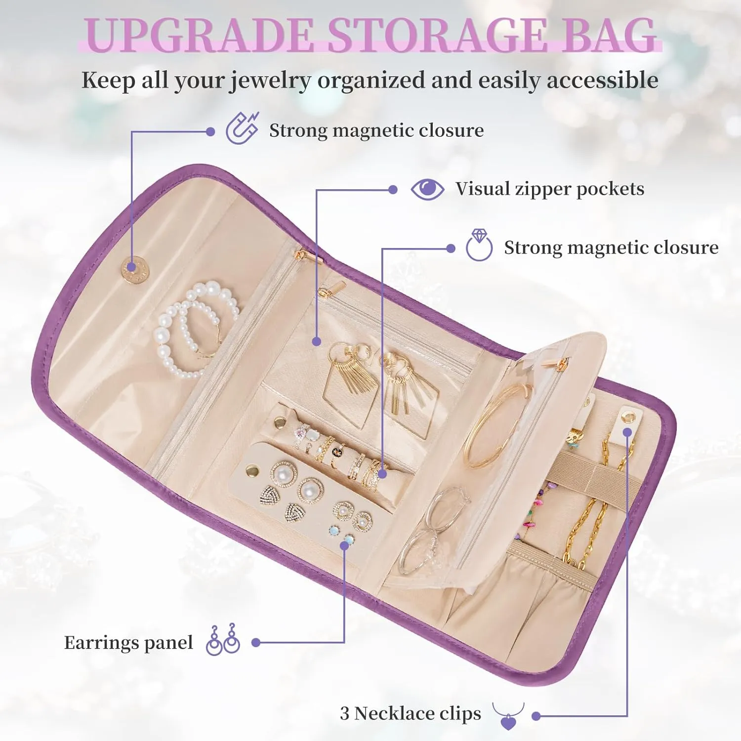 Travel Jewelry Holder Organizer Case, Foldable Jewelry Storage Bag for Necklaces Rings Earrings Bracelets, Large, Purple