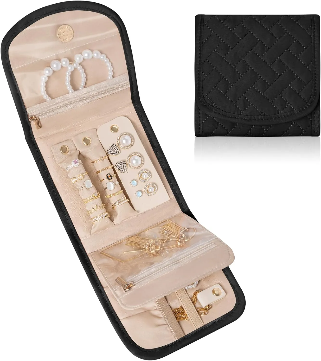 Travel Jewelry Holder Organizer Case, Foldable Jewelry Storage Bag, for Necklaces Rings Earrings Bracelets, Small, Black