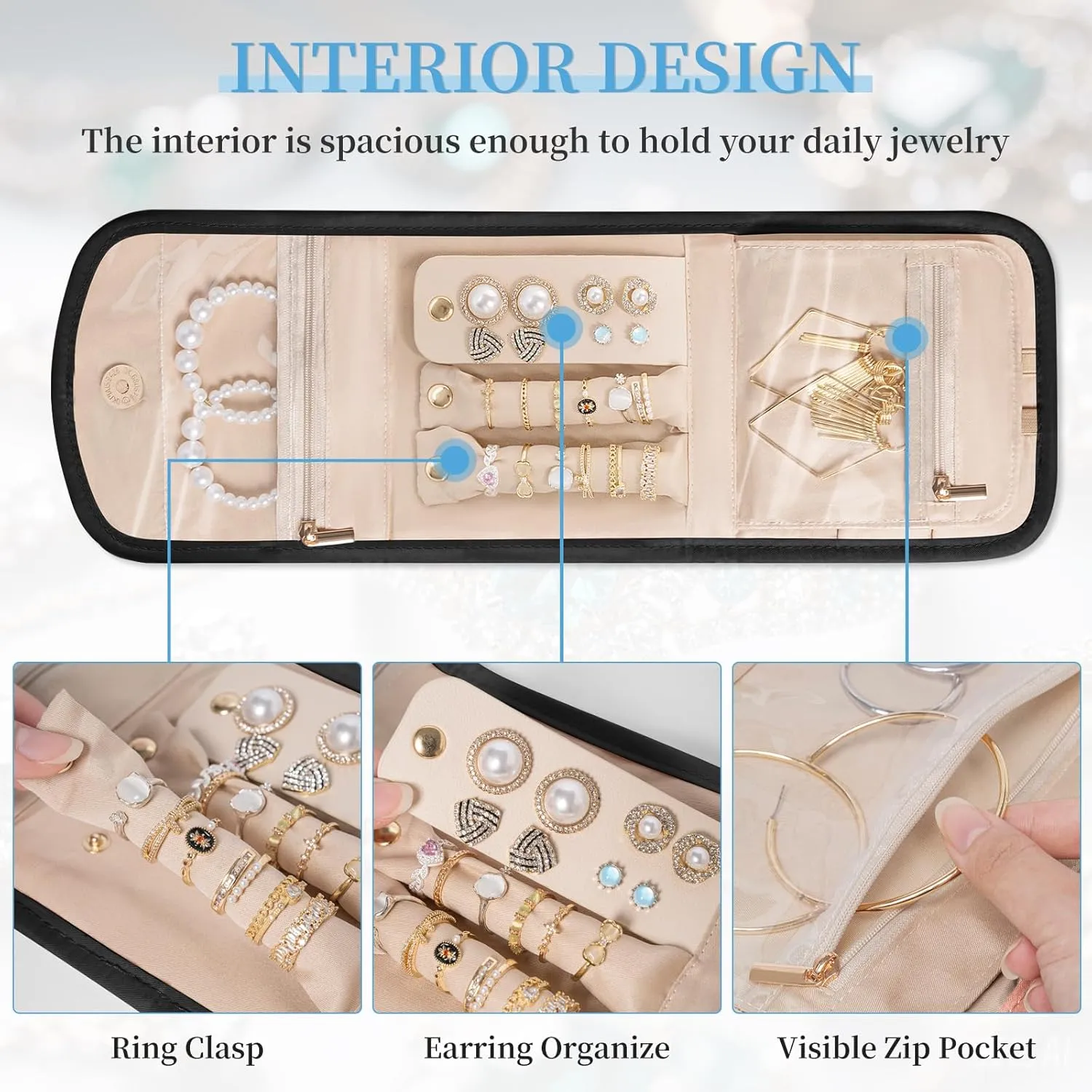 Travel Jewelry Holder Organizer Case, Foldable Jewelry Storage Bag, for Necklaces Rings Earrings Bracelets, Small, Black