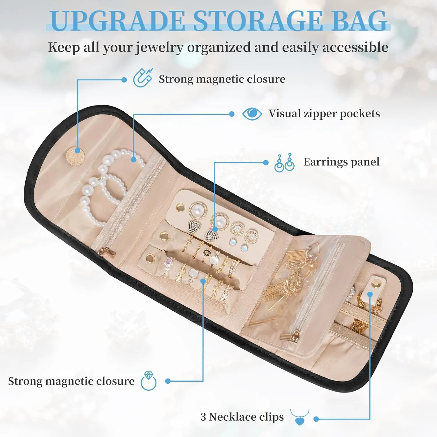 Travel Jewelry Holder Organizer Case, Foldable Jewelry Storage Bag, for Necklaces Rings Earrings Bracelets, Small, Black