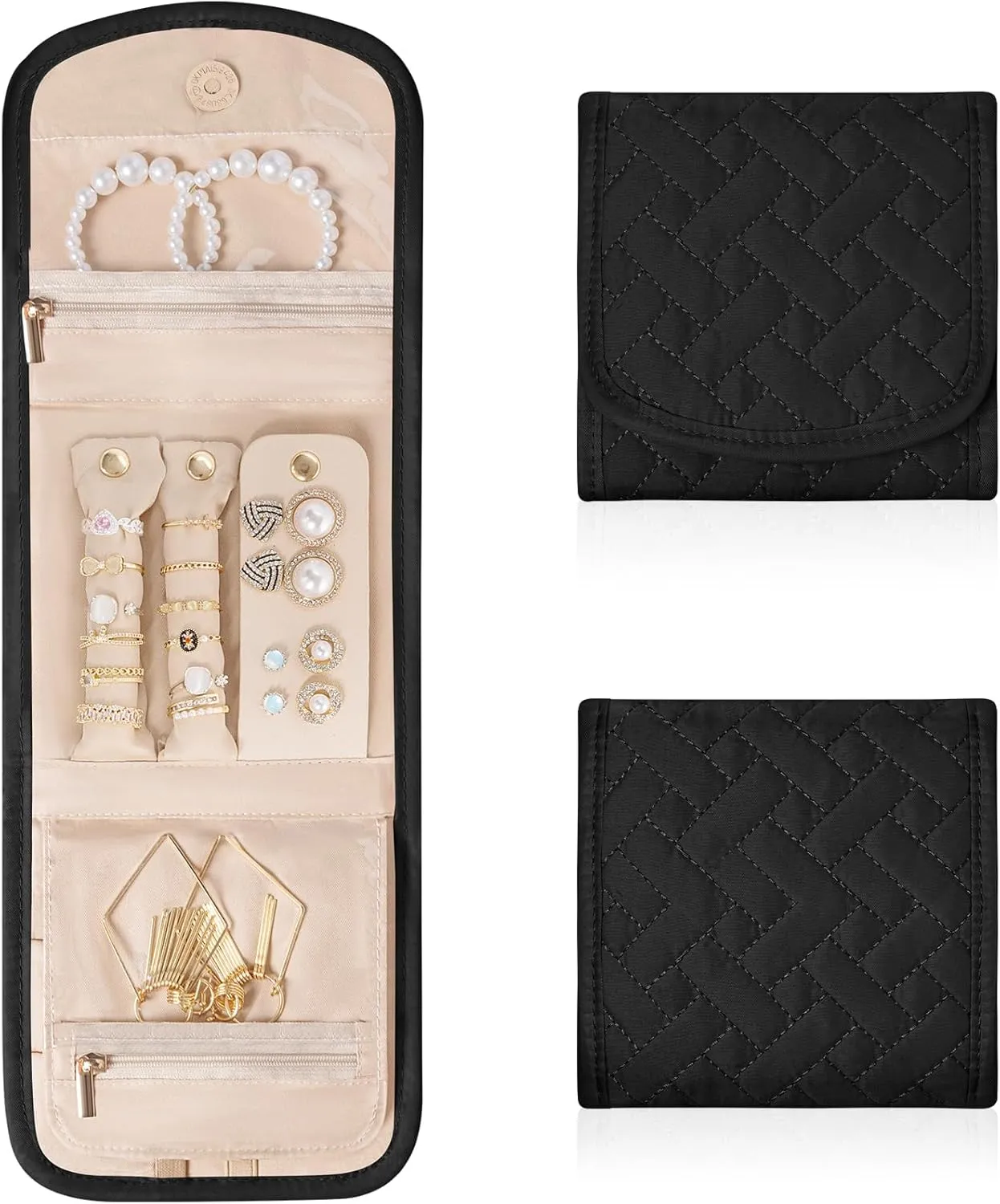 Travel Jewelry Holder Organizer Case, Foldable Jewelry Storage Bag, for Necklaces Rings Earrings Bracelets, Small, Black