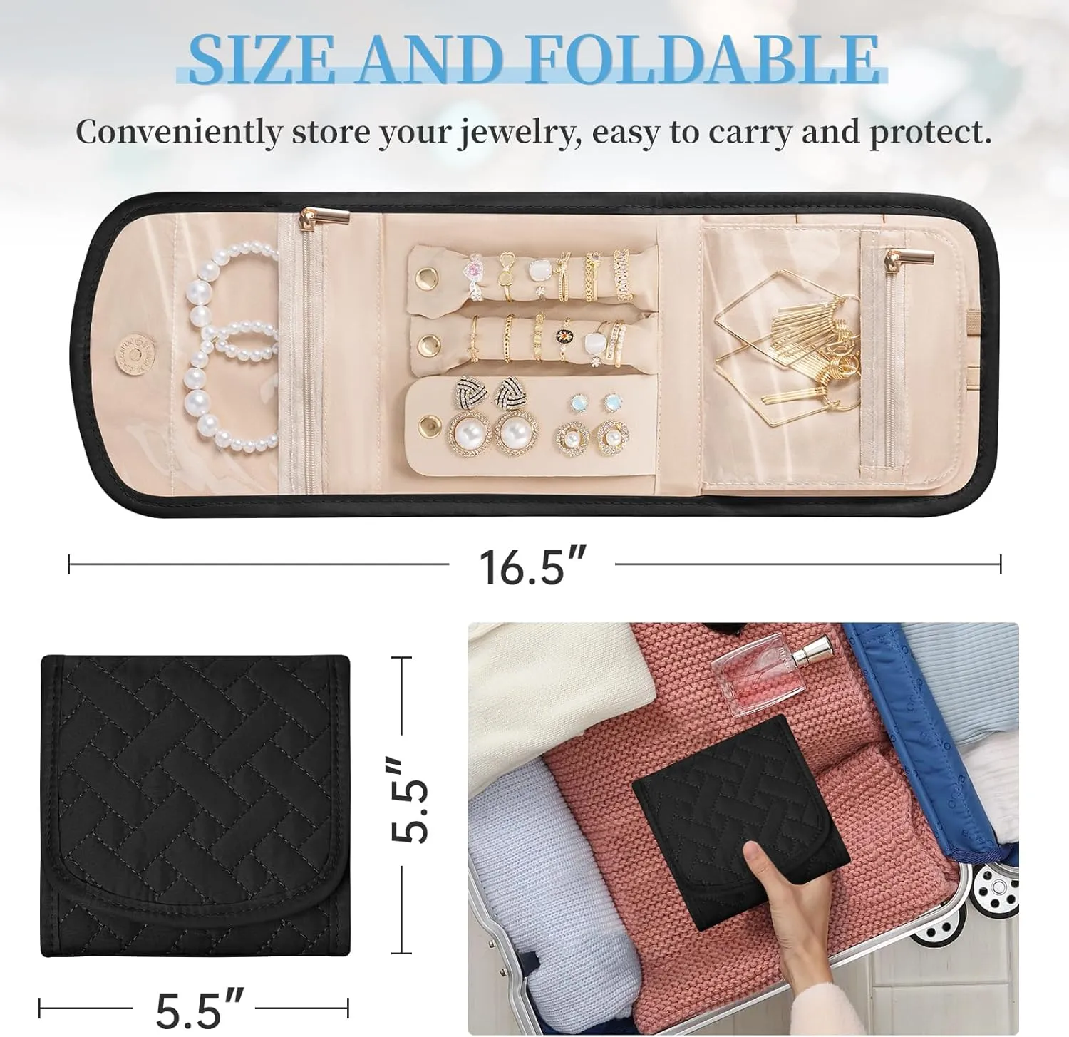 Travel Jewelry Holder Organizer Case, Foldable Jewelry Storage Bag, for Necklaces Rings Earrings Bracelets, Small, Black