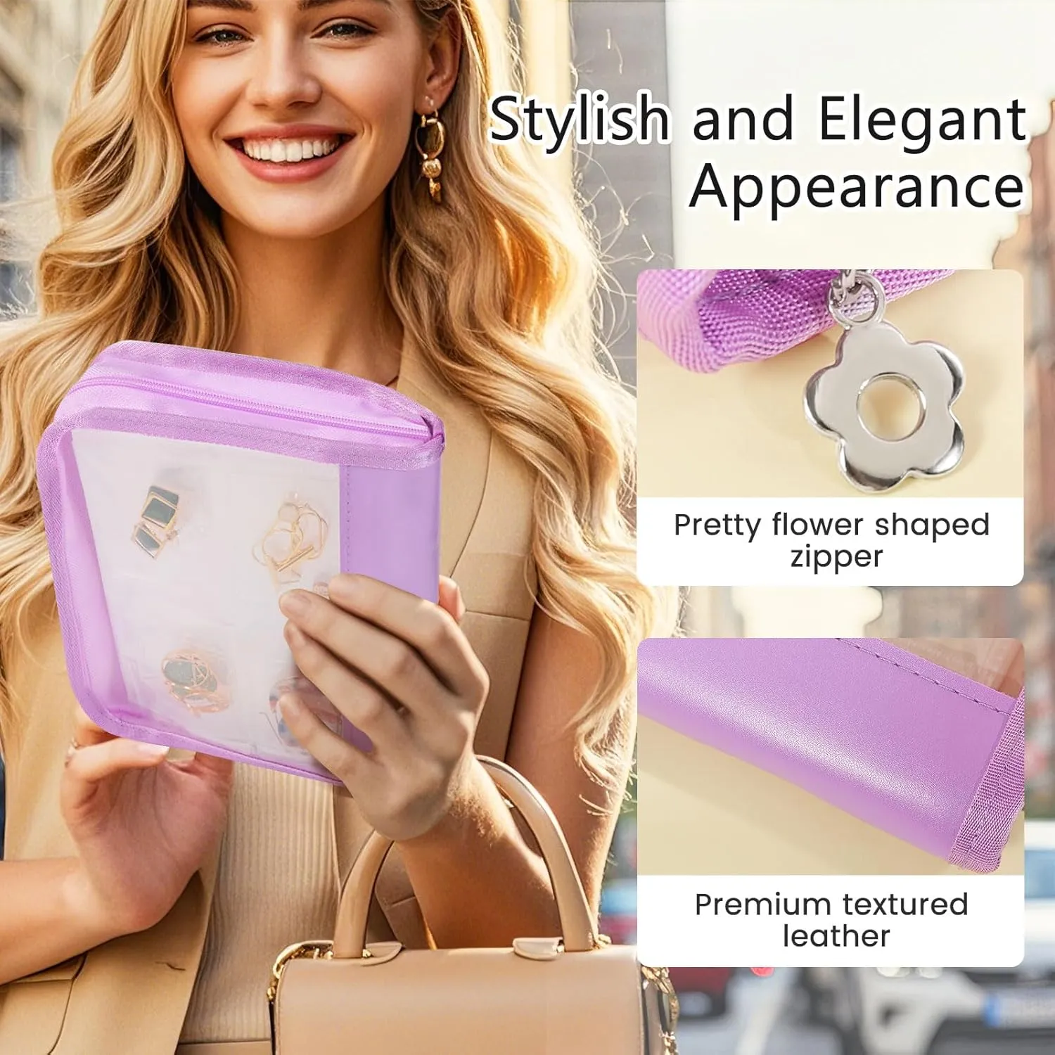 Travel Jewelry Organizer Case, Jewelry Storage Book Transparent Jewelry Binder with 96 Portable Anti Tarnish Clear Zippered Pouch Bags for Necklaces Bracelet Earrings Rings, Purple