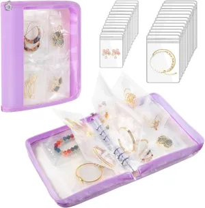 Travel Jewelry Organizer Case, Jewelry Storage Book Transparent Jewelry Binder with 96 Portable Anti Tarnish Clear Zippered Pouch Bags for Necklaces Bracelet Earrings Rings, Purple