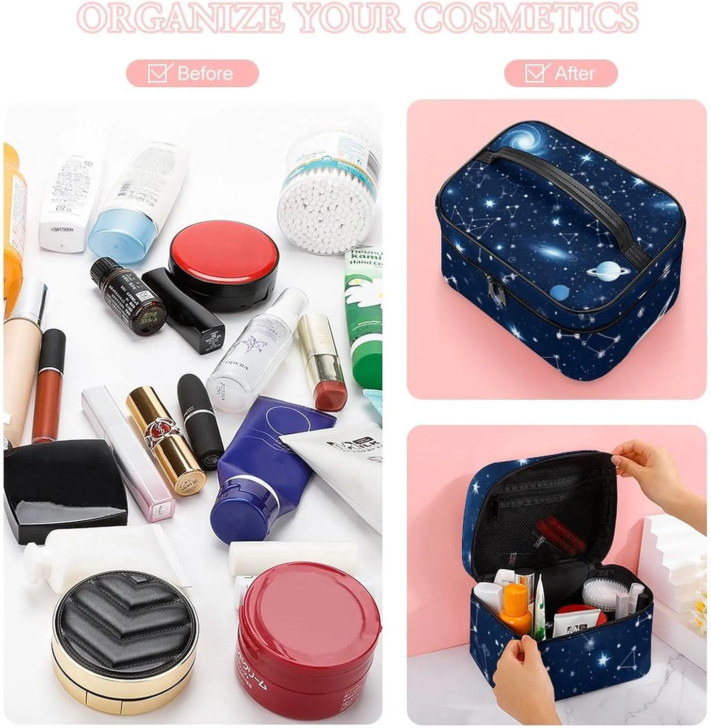 Travel Large Cosmetic Bag for Women, Portable Makeup Organizer Case with Handle Zodiac Constellation Galaxy Starry Night Stars Glow In The Dark Midnight Toiletry Bag Makeup Accessories