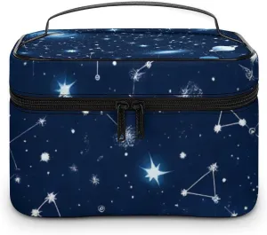 Travel Large Cosmetic Bag for Women, Portable Makeup Organizer Case with Handle Zodiac Constellation Galaxy Starry Night Stars Glow In The Dark Midnight Toiletry Bag Makeup Accessories