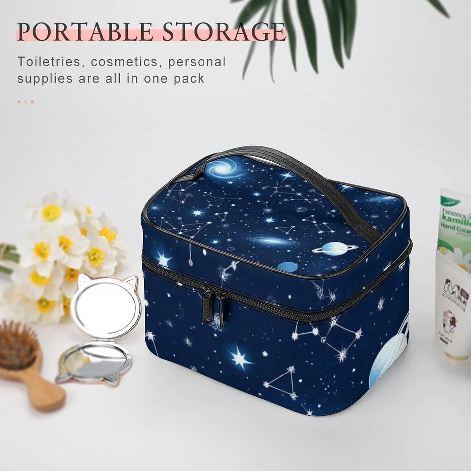 Travel Large Cosmetic Bag for Women, Portable Makeup Organizer Case with Handle Zodiac Constellation Galaxy Starry Night Stars Glow In The Dark Midnight Toiletry Bag Makeup Accessories