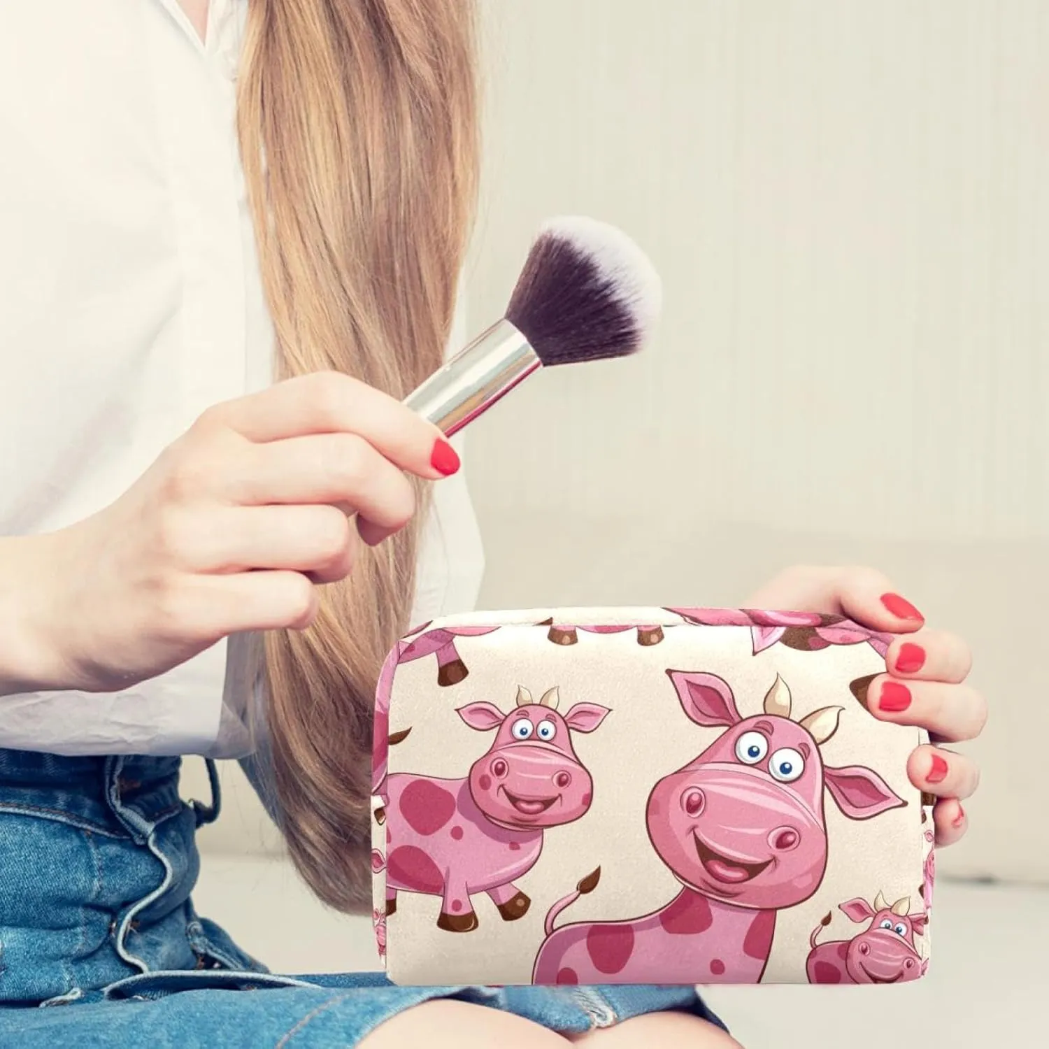 Travel Makeup Bag Cartoon Pink Cow Cosmetic Bag Toiletry Bag Portable Pouch For Women 7.3x3x5.1in
