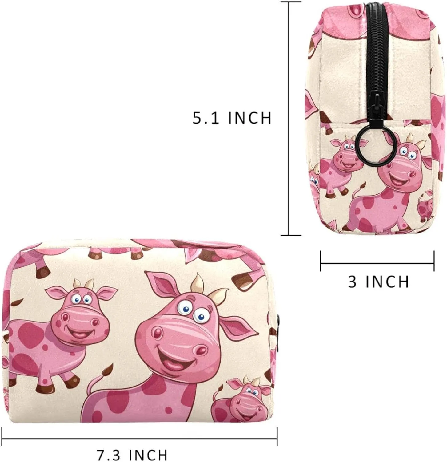 Travel Makeup Bag Cartoon Pink Cow Cosmetic Bag Toiletry Bag Portable Pouch For Women 7.3x3x5.1in