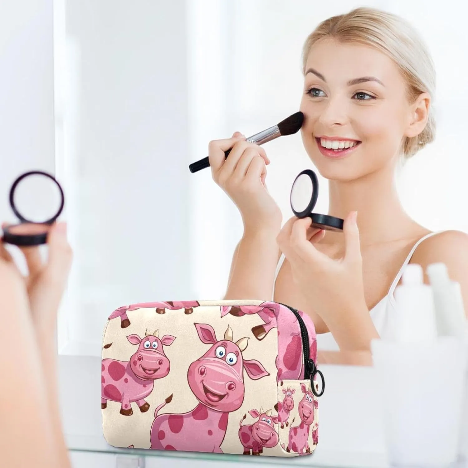 Travel Makeup Bag Cartoon Pink Cow Cosmetic Bag Toiletry Bag Portable Pouch For Women 7.3x3x5.1in