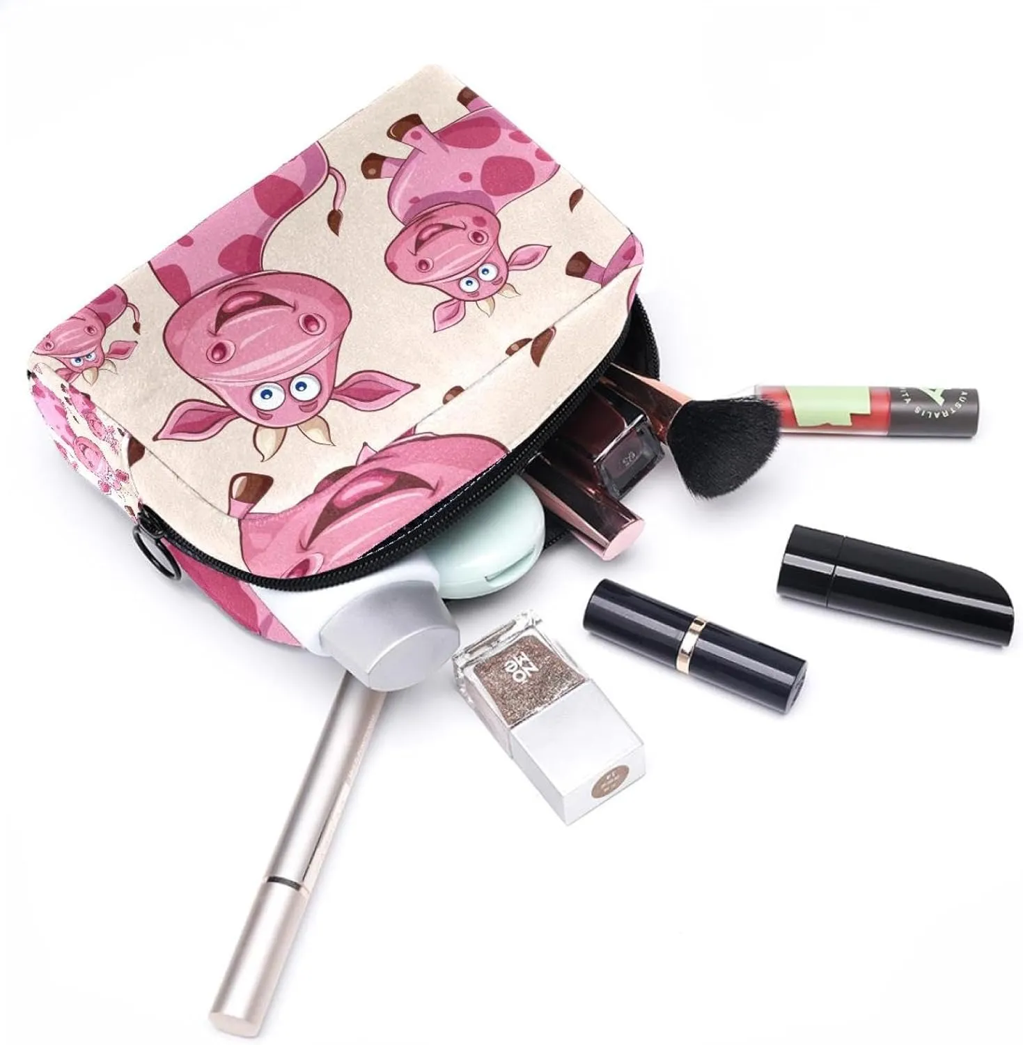 Travel Makeup Bag Cartoon Pink Cow Cosmetic Bag Toiletry Bag Portable Pouch For Women 7.3x3x5.1in