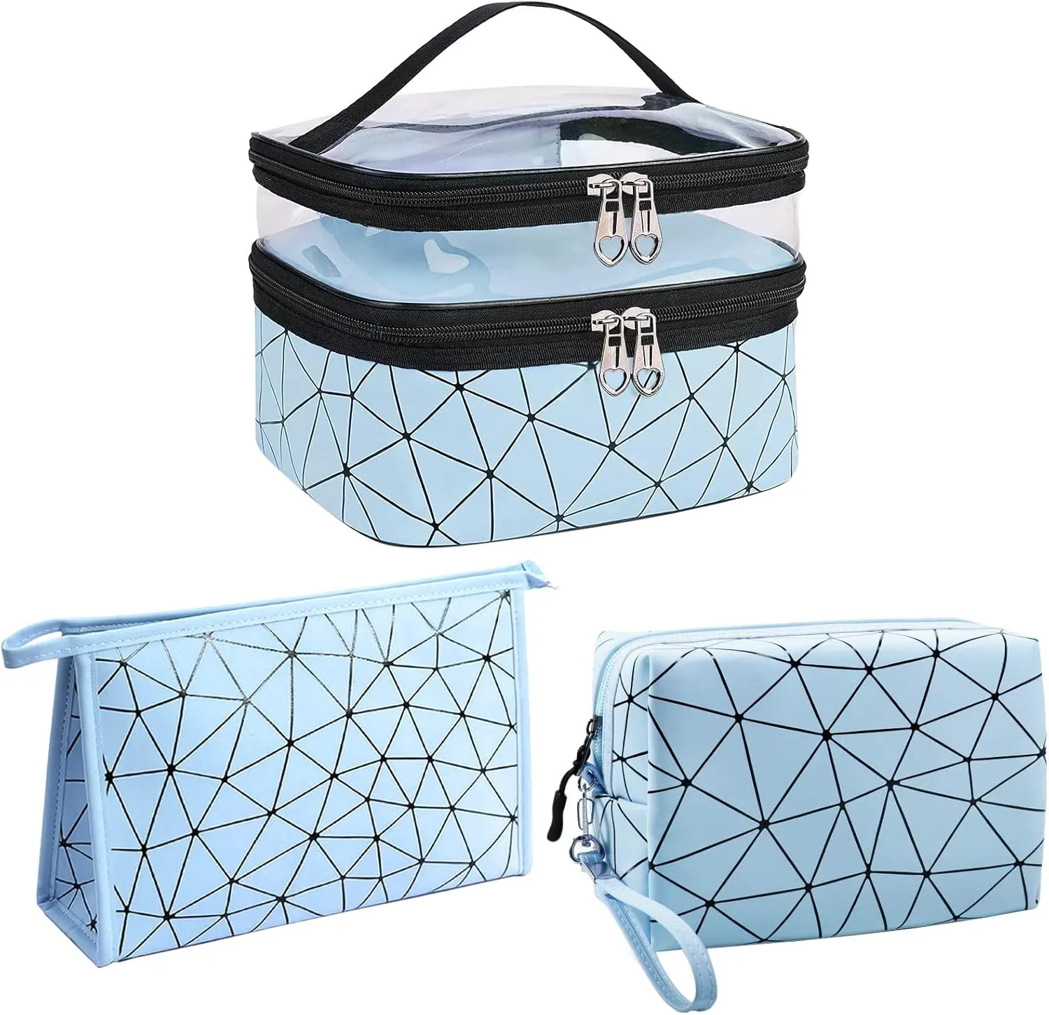 Travel Makeup Bag Organizer, Waterproofing Toiletry Bag Set, Skincare Bag with 2 Cosmetic Bags for Women(Blue)