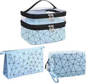 Travel Makeup Bag Organizer, Waterproofing Toiletry Bag Set, Skincare Bag with 2 Cosmetic Bags for Women(Blue)