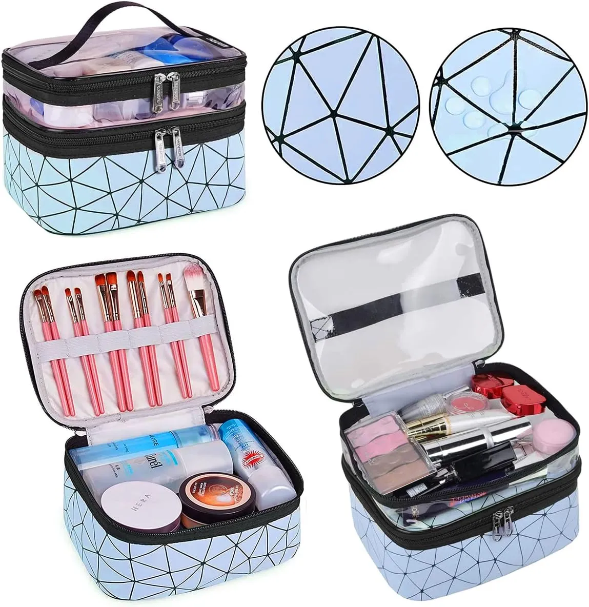 Travel Makeup Bag Organizer, Waterproofing Toiletry Bag Set, Skincare Bag with 2 Cosmetic Bags for Women(Blue)