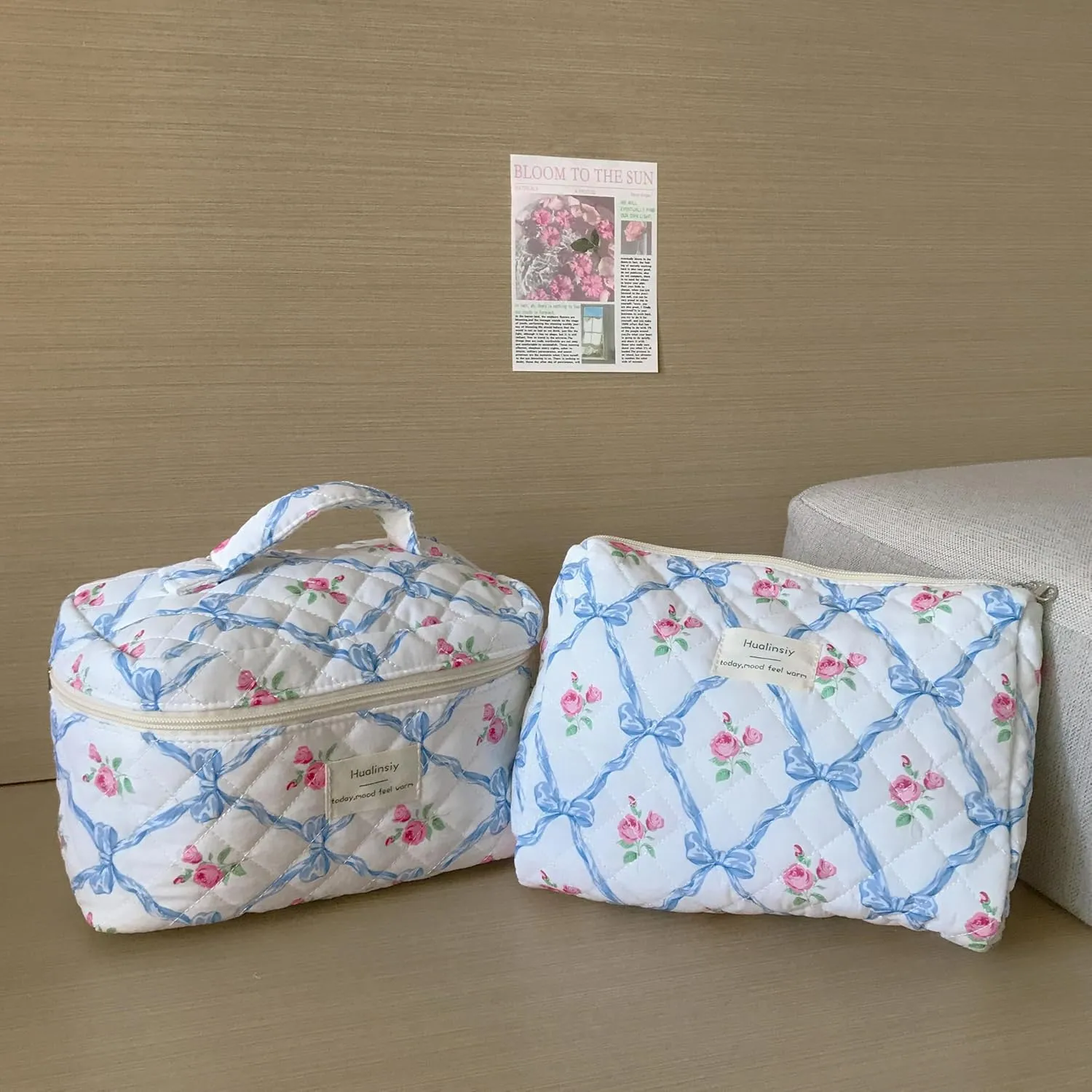 Travel Makeup Bag Set ， 3 PCS Aesthetic Quilted Cotton bow Cosmetic Bag Set, Travel Toiletry Organizer Bags ，Large Coquette Cute Make Up Cosmetic Bag For Women (blue-flower)