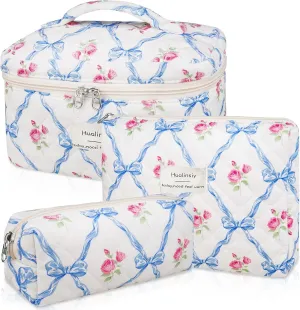 Travel Makeup Bag Set ， 3 PCS Aesthetic Quilted Cotton bow Cosmetic Bag Set, Travel Toiletry Organizer Bags ，Large Coquette Cute Make Up Cosmetic Bag For Women (blue-flower)