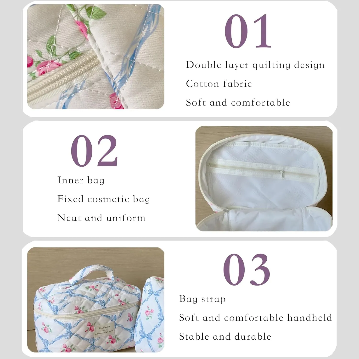 Travel Makeup Bag Set ， 3 PCS Aesthetic Quilted Cotton bow Cosmetic Bag Set, Travel Toiletry Organizer Bags ，Large Coquette Cute Make Up Cosmetic Bag For Women (blue-flower)