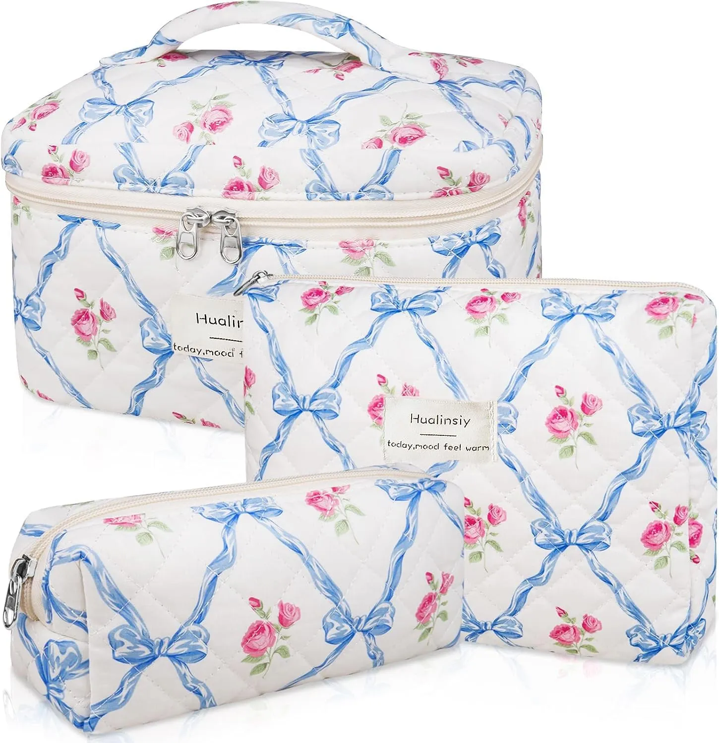 Travel Makeup Bag Set ， 3 PCS Aesthetic Quilted Cotton bow Cosmetic Bag Set, Travel Toiletry Organizer Bags ，Large Coquette Cute Make Up Cosmetic Bag For Women (blue-flower)