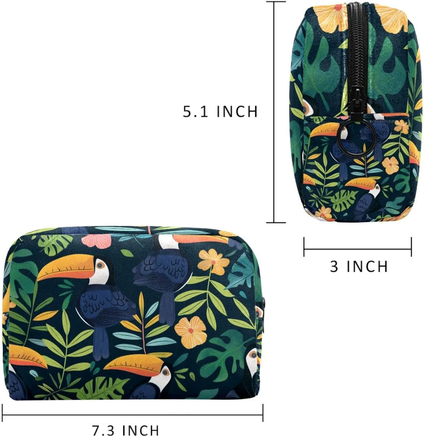 Travel Makeup Bag Tropical Leaf Bird Cosmetic Bag Toiletry Bag Portable Pouch For Women 7.3x3x5.1in