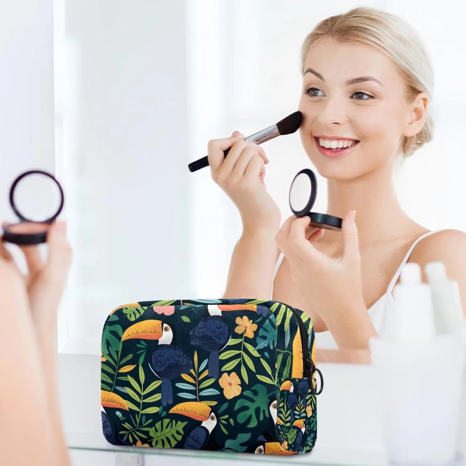 Travel Makeup Bag Tropical Leaf Bird Cosmetic Bag Toiletry Bag Portable Pouch For Women 7.3x3x5.1in