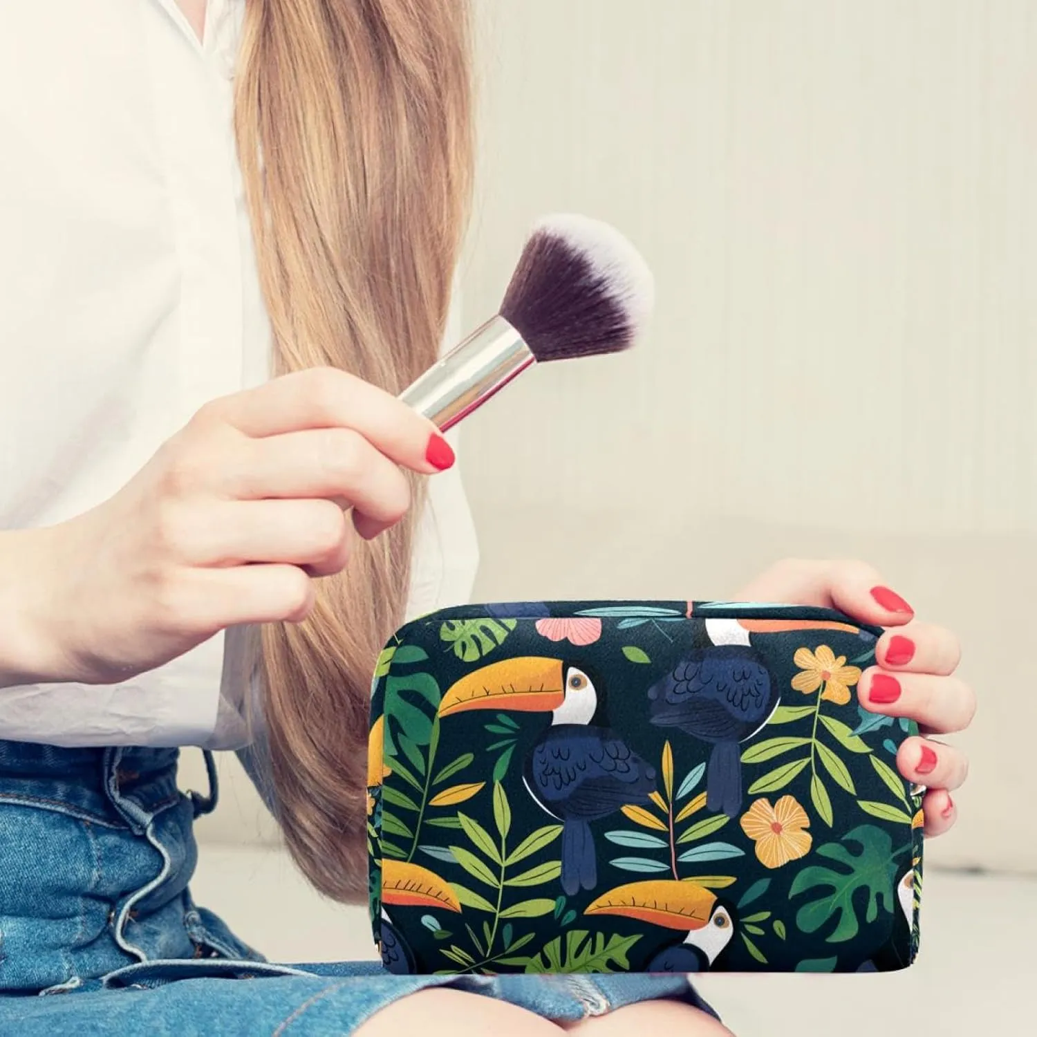 Travel Makeup Bag Tropical Leaf Bird Cosmetic Bag Toiletry Bag Portable Pouch For Women 7.3x3x5.1in