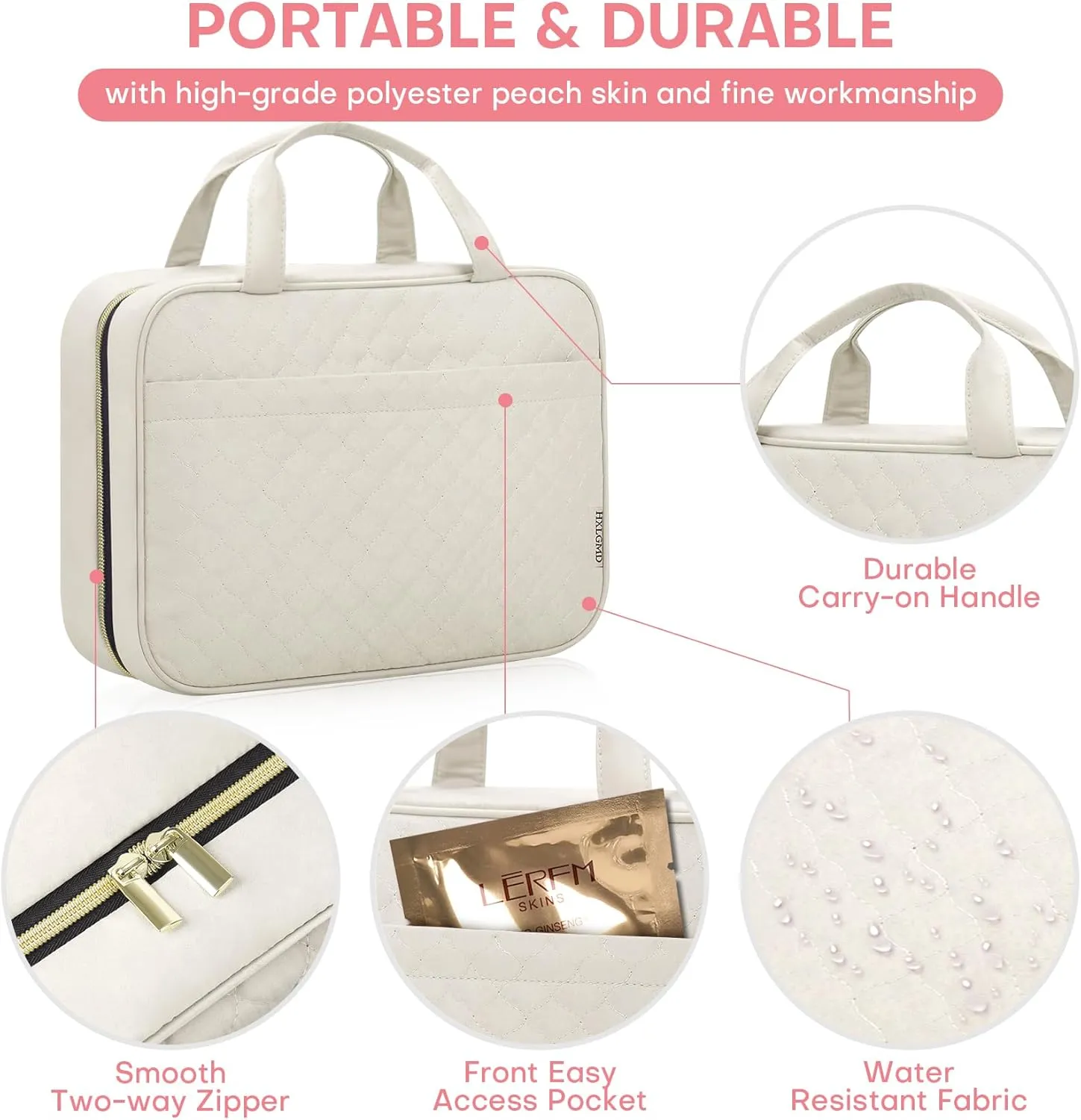Travel Size Toiletry Bag for Women, Portable Cosmetic Bag with Hanging Hook, Travel Essentials Water-resistant Makeup Organizer for Accessories, Shampoo, Full-size Container, Toiletries
