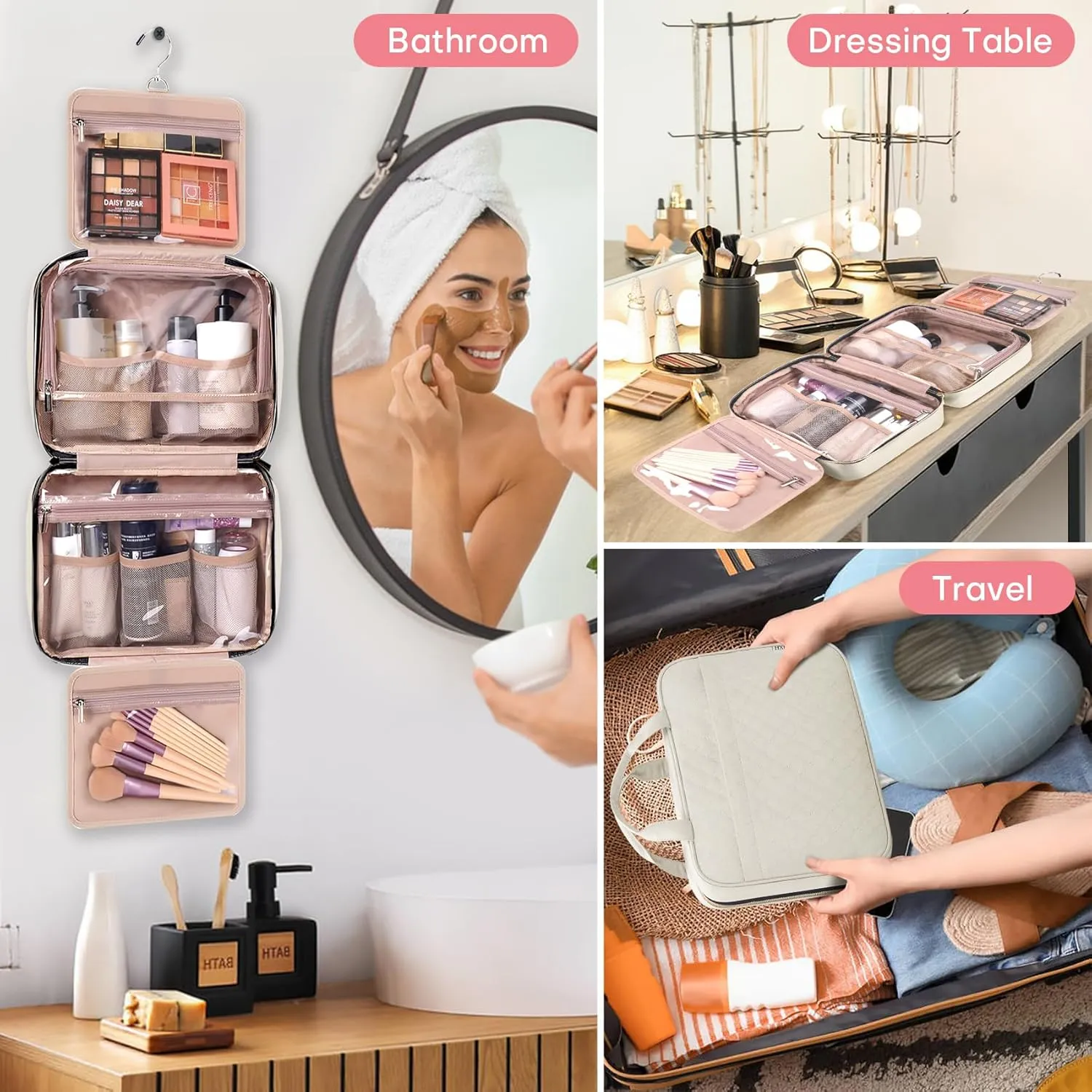 Travel Size Toiletry Bag for Women, Portable Cosmetic Bag with Hanging Hook, Travel Essentials Water-resistant Makeup Organizer for Accessories, Shampoo, Full-size Container, Toiletries