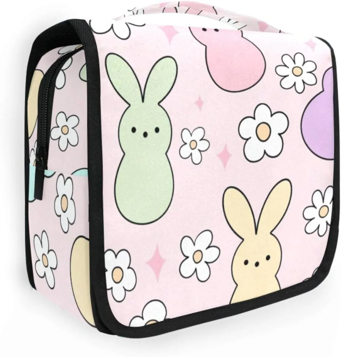 Travel Toiletry Bag Cosmetic Bag Bunny Easter Candy Daisy Flower Portable Hanging Cosmetic Case Traveling With Leakproof Compartment Makeup Toiletries Cosmetic Organizer for Women Men