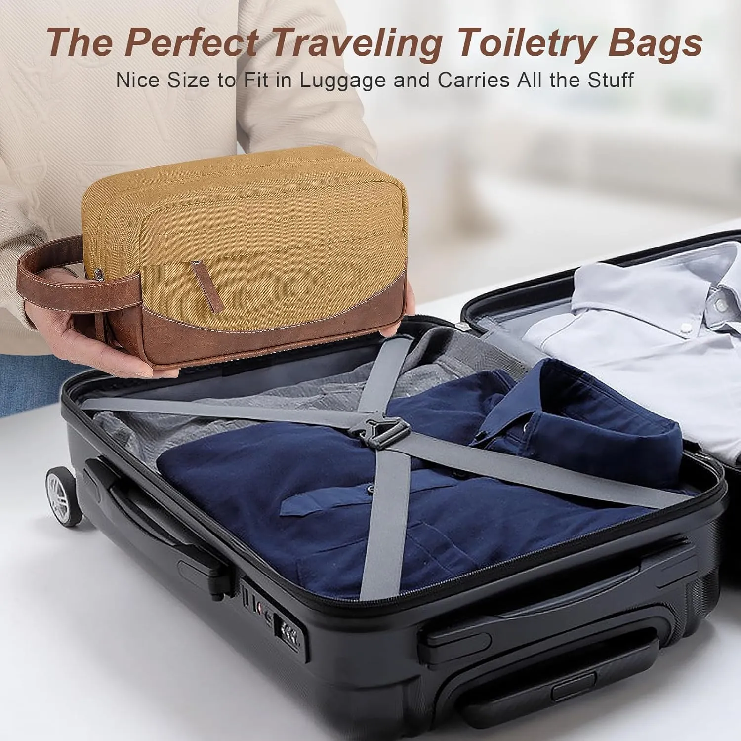 Travel Toiletry Bag for Men, Hanging Toiletry Organizer, Water Resistant Shaving Kit with Large Capacity for Travel Accessories - Brown