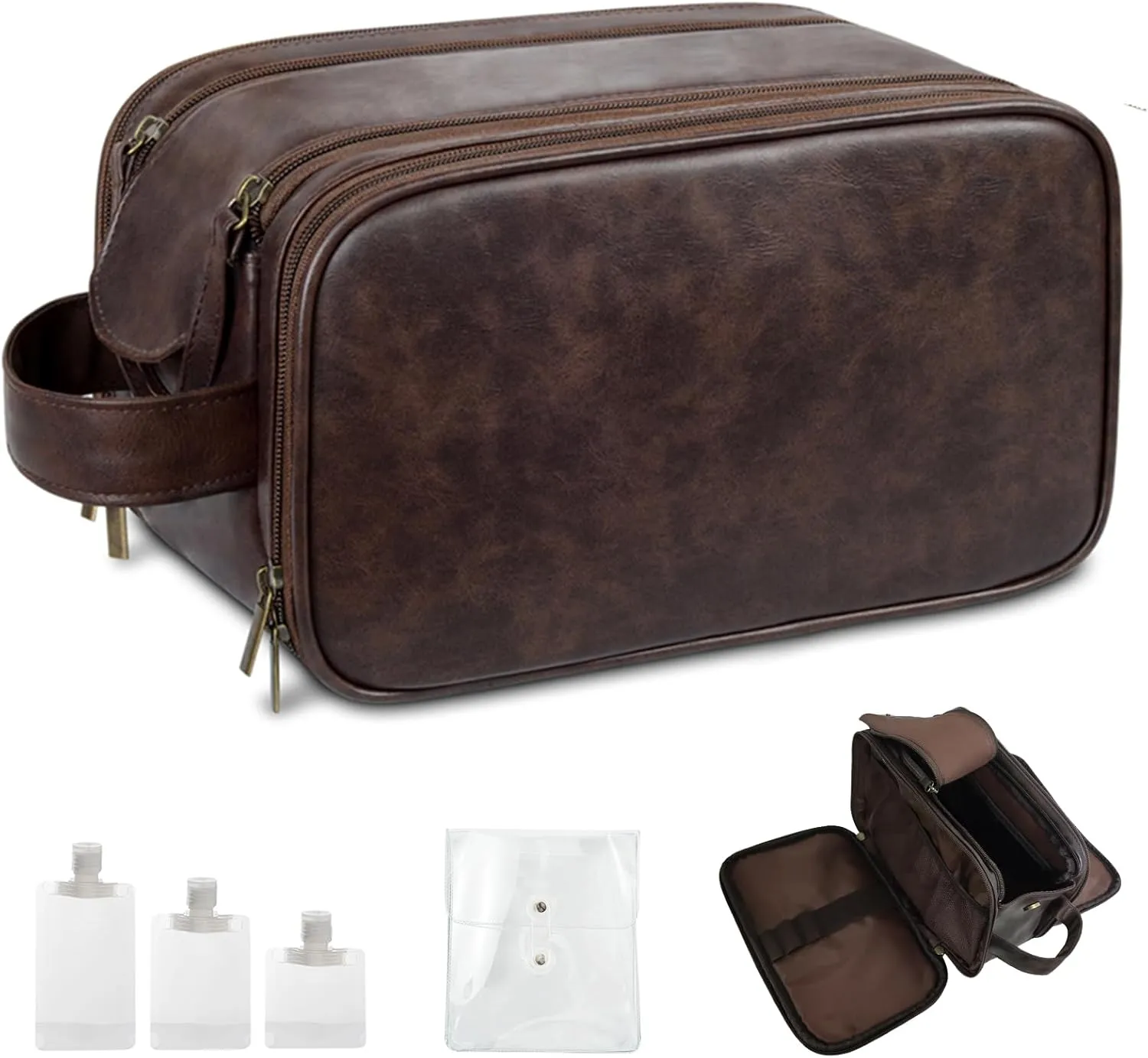Travel Toiletry Bag for Men Large Shaving Dopp Kit Men's Cosmetics Shower Bags Water-resistant Leather Organizer for Bathroom (coffee)