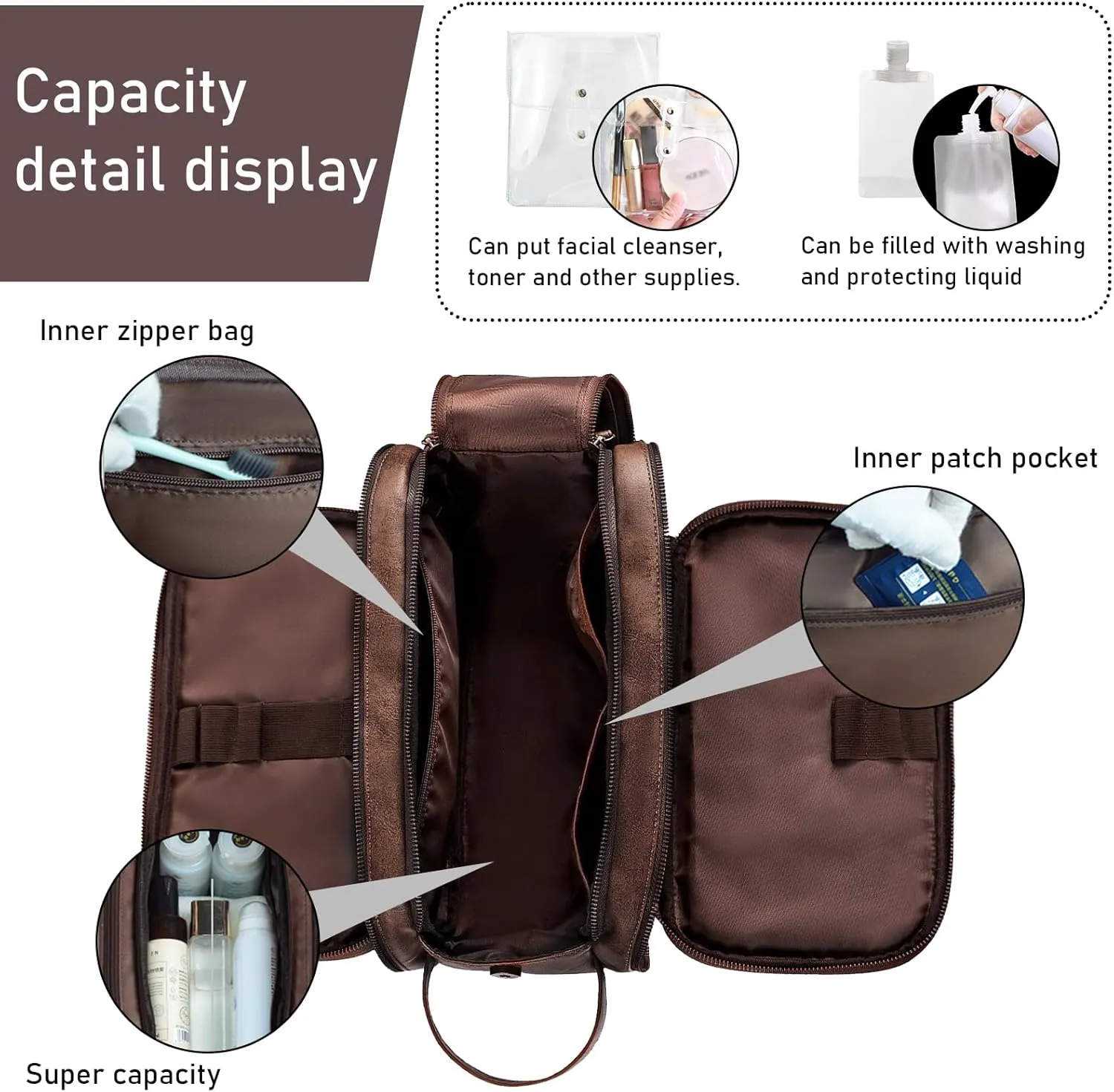 Travel Toiletry Bag for Men Large Shaving Dopp Kit Men's Cosmetics Shower Bags Water-resistant Leather Organizer for Bathroom (coffee)