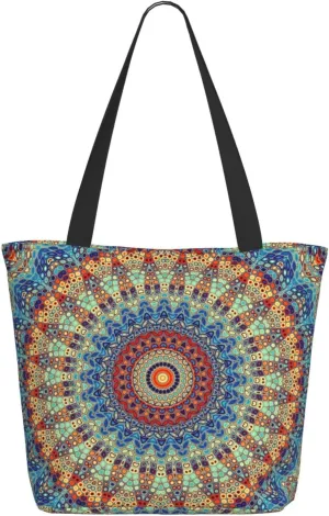 Travel Tote Bag for Women Work - Lightweight Round Mandala Shoulder Bag Nurse Bag Beach Handbags for Women, Fashion Large Tote Purse for Women with Zipper