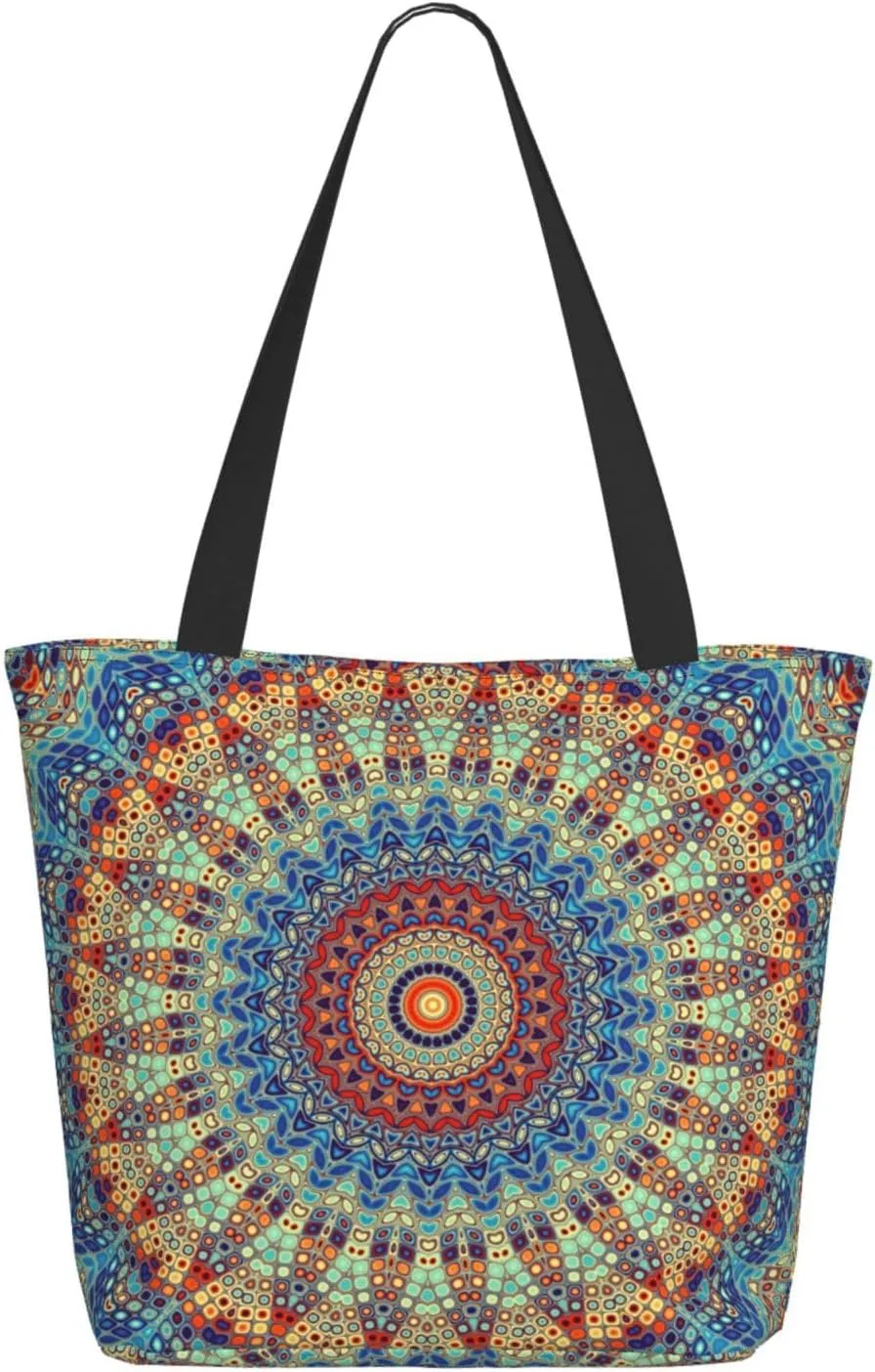 Travel Tote Bag for Women Work - Lightweight Round Mandala Shoulder Bag Nurse Bag Beach Handbags for Women, Fashion Large Tote Purse for Women with Zipper
