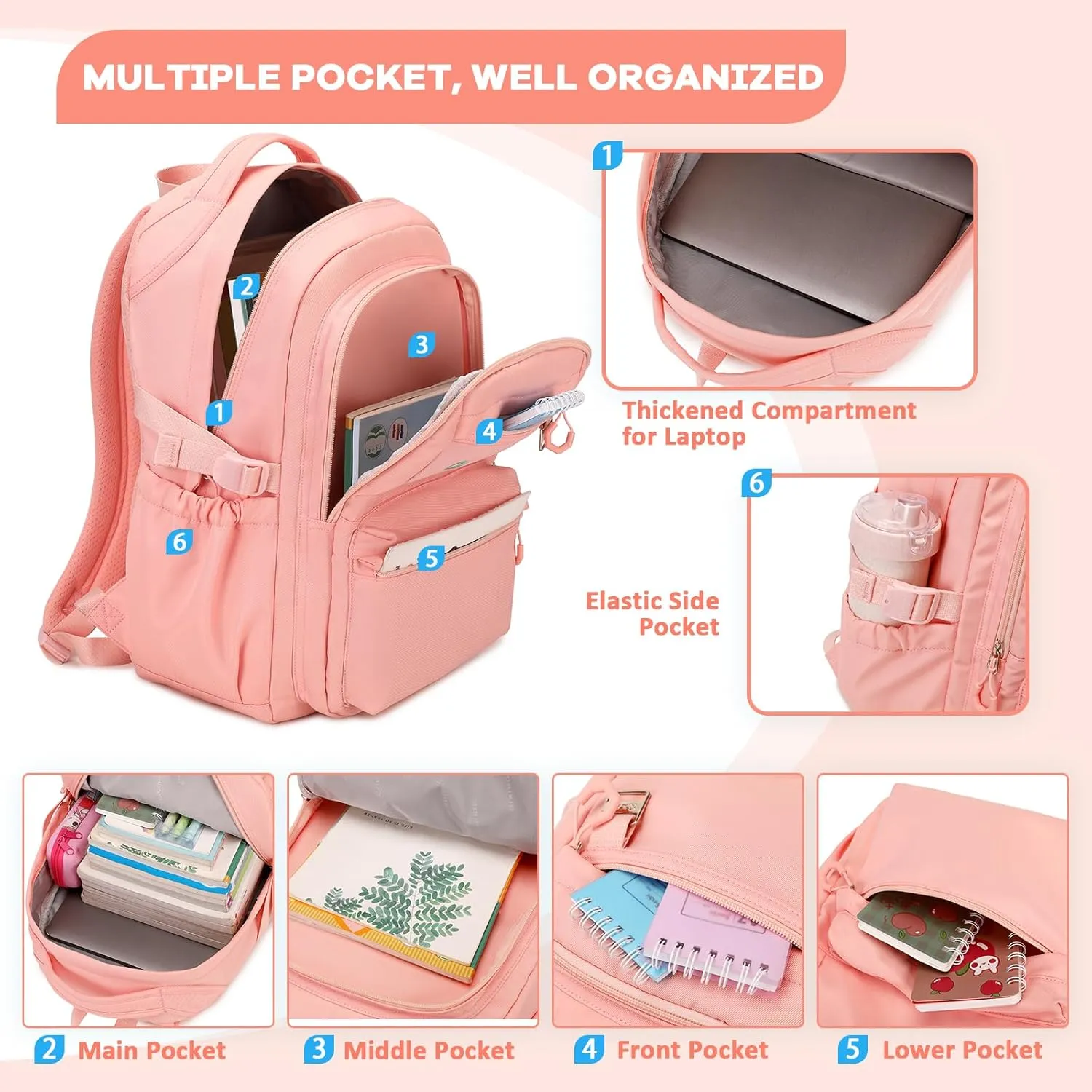 Trendy Casual Backpack with Solid Color, Water Resistence School backpack for Girls, Teen Bookbag for Women, Pink