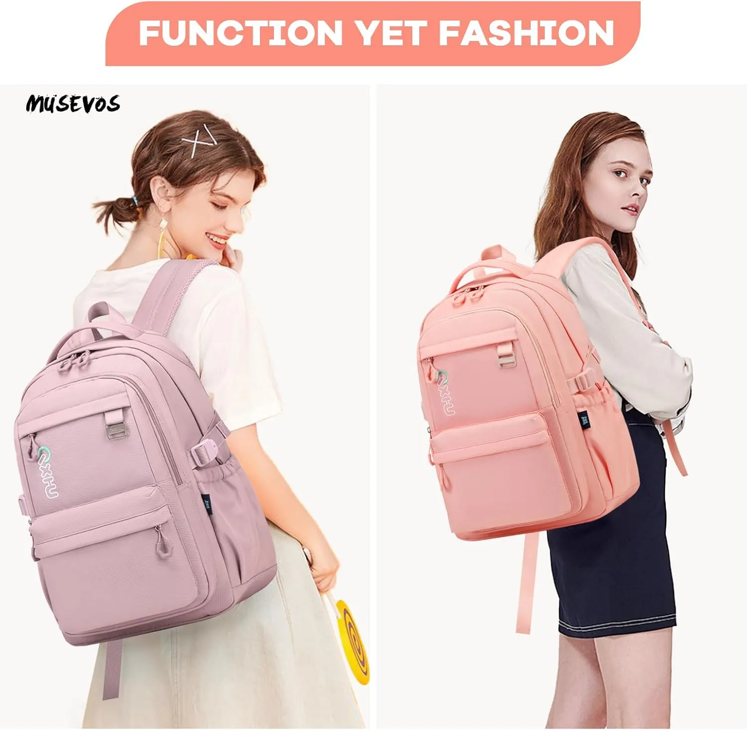 Trendy Casual Backpack with Solid Color, Water Resistence School backpack for Girls, Teen Bookbag for Women, Pink
